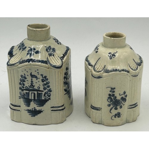 276 - Two early 19th century hand-painted blue and white pearlware moulded tea caddies, c. 1800 Tallest: 1... 