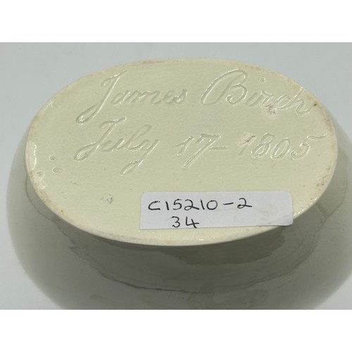 277 - An early 19th century creamware inscribed flask, c. 1805. It has 'James Birch, July 17, 1805' to the... 