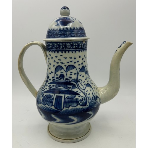 278 - An early 19th century hand-painted blue and white pearlware large lidded coffeepot and two similar m... 