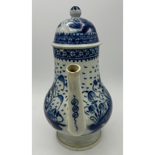 278 - An early 19th century hand-painted blue and white pearlware large lidded coffeepot and two similar m... 