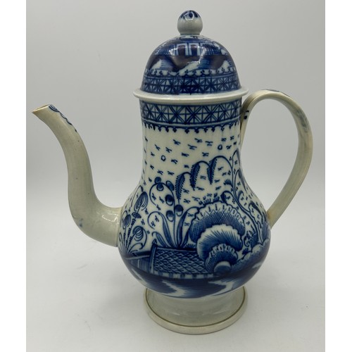 278 - An early 19th century hand-painted blue and white pearlware large lidded coffeepot and two similar m... 