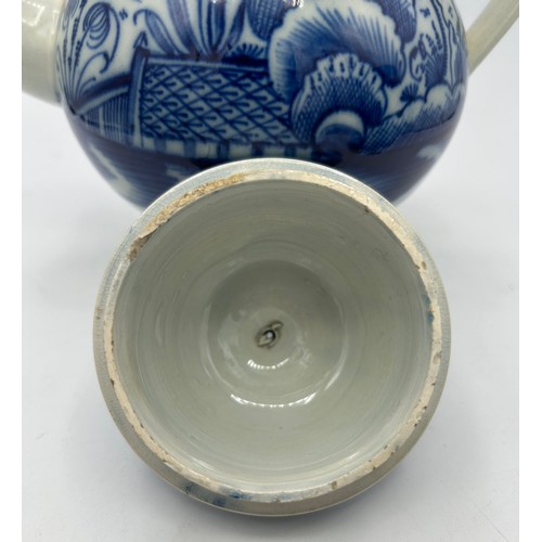 278 - An early 19th century hand-painted blue and white pearlware large lidded coffeepot and two similar m... 