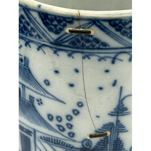 278 - An early 19th century hand-painted blue and white pearlware large lidded coffeepot and two similar m... 