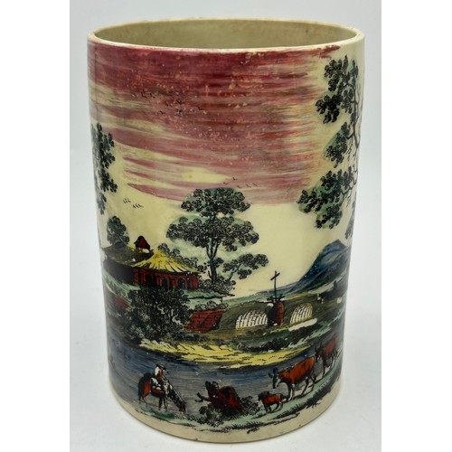 289 - A group of early 19th century creamware mugs, c. 1800-20. Two have printed and painted rural scenes,... 