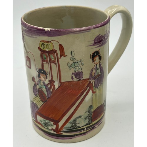 289 - A group of early 19th century creamware mugs, c. 1800-20. Two have printed and painted rural scenes,... 