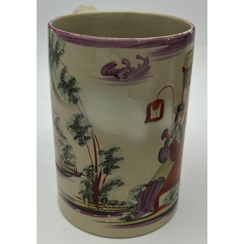 289 - A group of early 19th century creamware mugs, c. 1800-20. Two have printed and painted rural scenes,... 