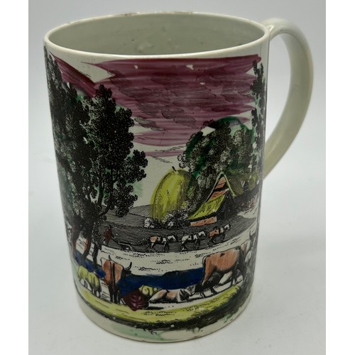 289 - A group of early 19th century creamware mugs, c. 1800-20. Two have printed and painted rural scenes,... 