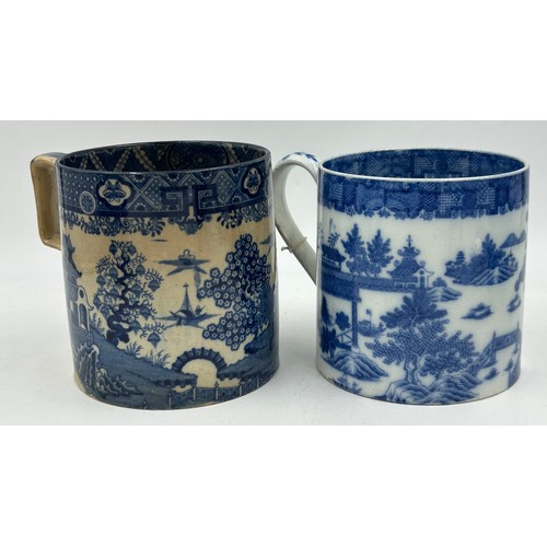 291 - A group of five early 19th century blue and white transfer printed chinoiserie pattern mugs, c. 1800... 