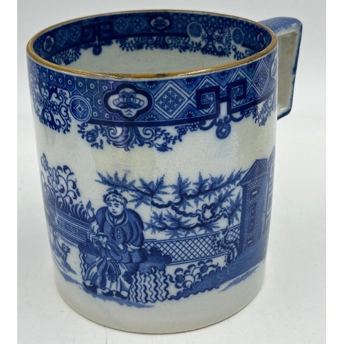 291 - A group of five early 19th century blue and white transfer printed chinoiserie pattern mugs, c. 1800... 