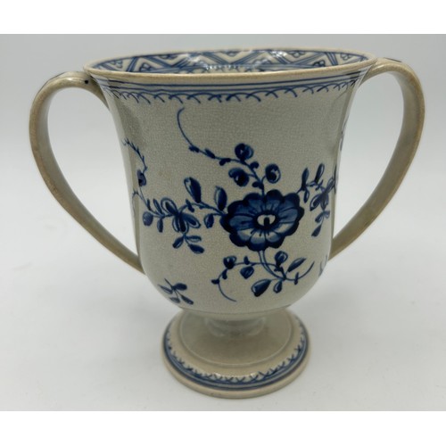 307 - An 18th century hand-painted blue and white pearlware named and dated loving cup, c. 1788. George Ha... 