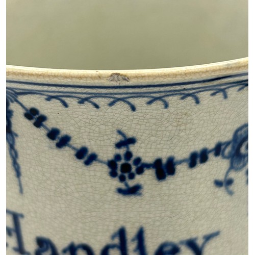 307 - An 18th century hand-painted blue and white pearlware named and dated loving cup, c. 1788. George Ha... 