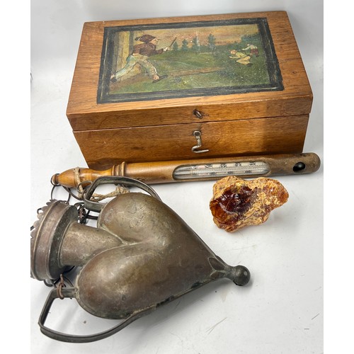 1438 - A miscellany to include oak box with painted top, church candle holder, a piece of amber and a boxwo... 