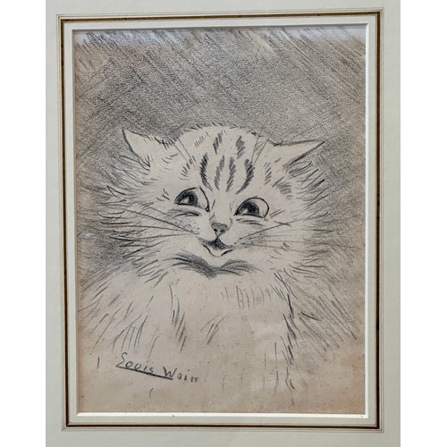 1538 - Louis WAIN (1860 - 1939) 'Smiling Cat' in pencil, signed L.L. Sight size 24.5 x 18cm.