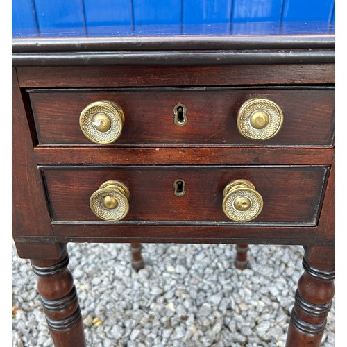 13 - A 19thC mahogany table with 2 drawers and drop leaf sides.
34cm un-extended, 74cm extended x 53cm d ... 