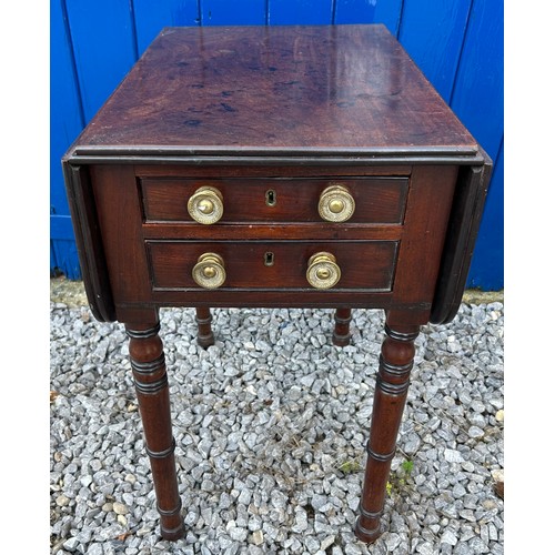 13 - A 19thC mahogany table with 2 drawers and drop leaf sides.
34cm un-extended, 74cm extended x 53cm d ... 