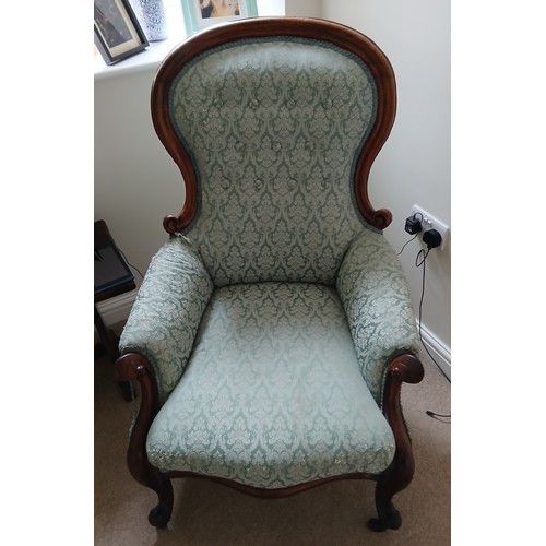 146 - A 19thC upholstered armchair on cabriole legs. 111cm h x 71cm w x 37cm to seat.