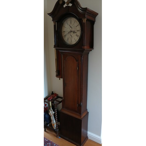 1128 - A mahogany long case clock with silvered face and  subsidiary dials marked Hutchinson Worksop to fac... 