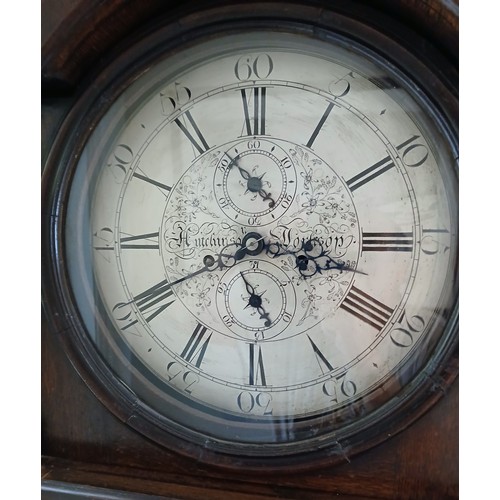 1128 - A mahogany long case clock with silvered face and  subsidiary dials marked Hutchinson Worksop to fac... 