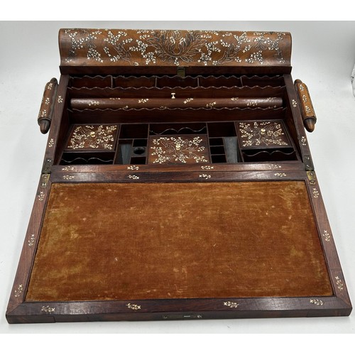 903 - A rosewood inlaid Anglo - Indian Padauk writing slope beautifully worked with bone inlaid Vizagapata... 