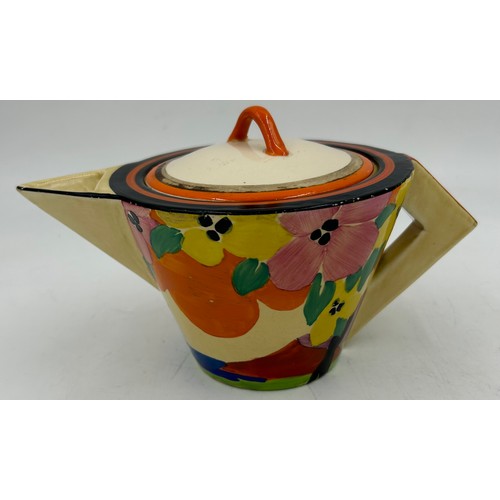 Clarice Cliff Applique Palermo conical teapot for two size, c. 1930 with un associated lid. Ht without lid 10cm.