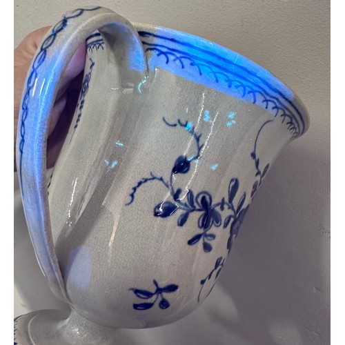 307 - An 18th century hand-painted blue and white pearlware named and dated loving cup, c. 1788. George Ha... 