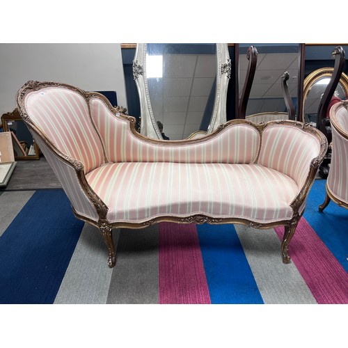 136 - Two 19thC giltwood sofas in the French style upholstered in striped silk. 155cm l x 63cm d x 93cm h ... 