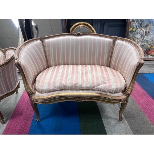 136 - Two 19thC giltwood sofas in the French style upholstered in striped silk. 155cm l x 63cm d x 93cm h ... 