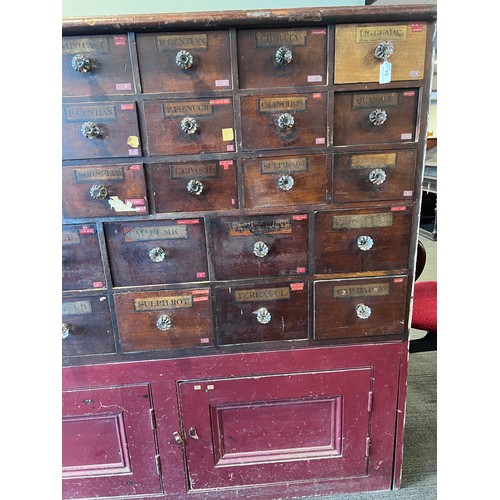 64 - Nineteenth century drug run/drawers, multiple drawers over cupboards to base. 268cm l x 137cm h x 30... 