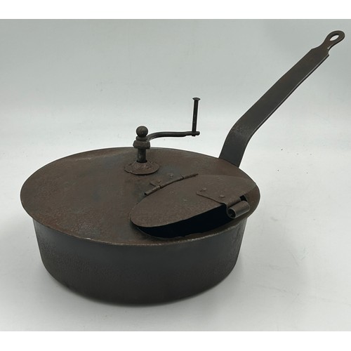 49 - An early 20thC iron chestnut/coffee roasting pan with interior paddle and turning handle. 26cm d.