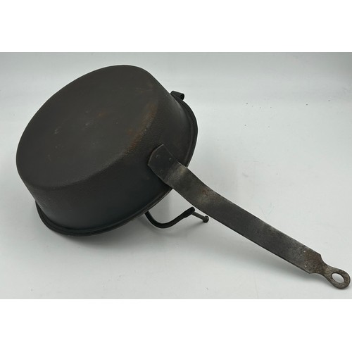 49 - An early 20thC iron chestnut/coffee roasting pan with interior paddle and turning handle. 26cm d.