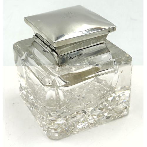 136 - A good quality glass inkwell with hobnail cut to base and a hallmarked silver top. London 1913, make... 