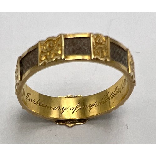 195 - A Victorian 18 carat gold mourning ring with inscription, ‘ In Memory of my Mother 4th July 1860’. D... 