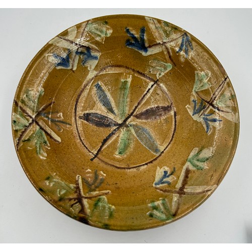 336 - Two terracotta glazed items to include a large bowl with light brown/green/blue flowers 37cm d x 12c... 