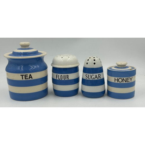 338 - A collection of blue and white Cornish Ware T.G. Green : rolling pin, jugs, flour shaker, lidded jar... 