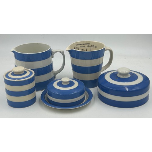 338 - A collection of blue and white Cornish Ware T.G. Green : rolling pin, jugs, flour shaker, lidded jar... 