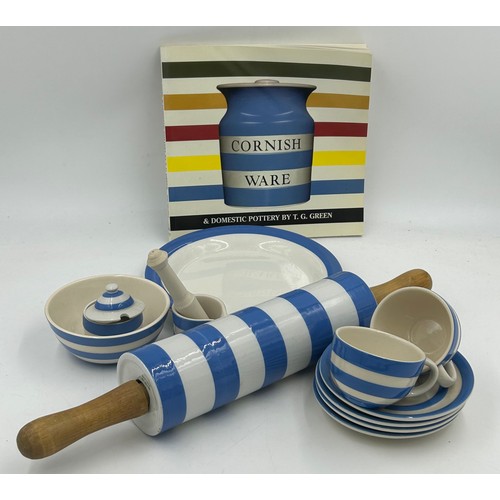 338 - A collection of blue and white Cornish Ware T.G. Green : rolling pin, jugs, flour shaker, lidded jar... 