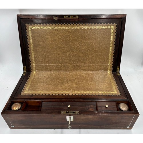 902 - A Rosewood Writing Slope inlaid with mother of pearl and brass carrying handles complete with fitted... 