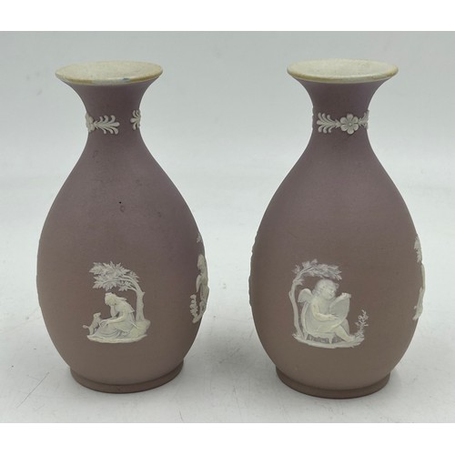 346 - A pair of Wedgwood lilac Jasperware vases 13cm h and a Wedgwood black 1906 match pot together with a... 