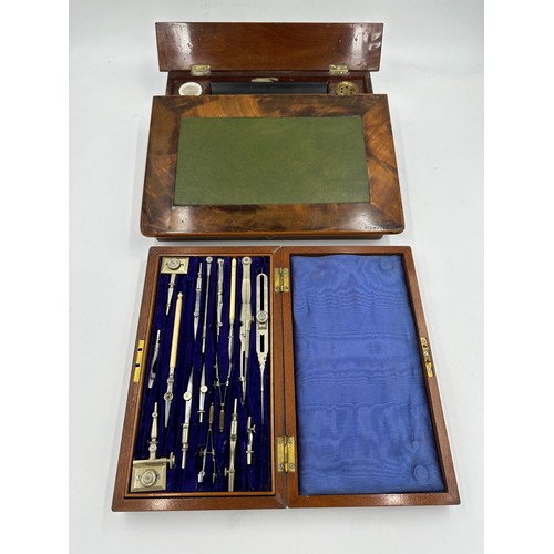 1169 - Writing instruments in a mahogany fitted case, writing slope with green leather surface and red leat... 