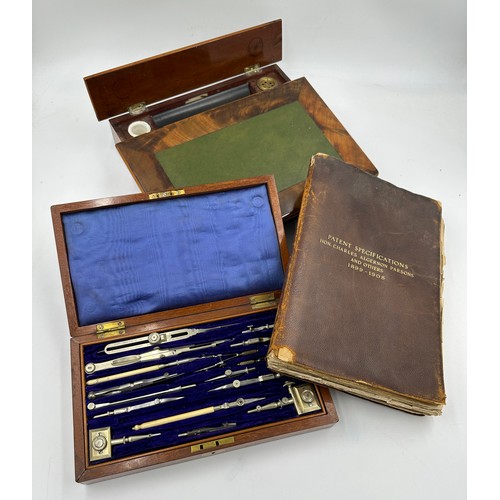 1169 - Writing instruments in a mahogany fitted case, writing slope with green leather surface and red leat... 