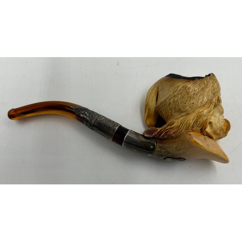 1171 - Five pipes to include two meerschaum both with amber stems, one with white metal mounts in fitted ca... 