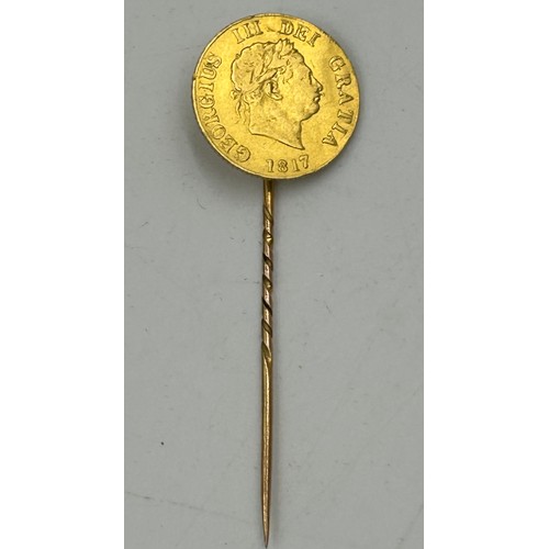 721 - An 1817 George III gold half sovereign with shield back soldered to form a stick pin. Total weight 4... 