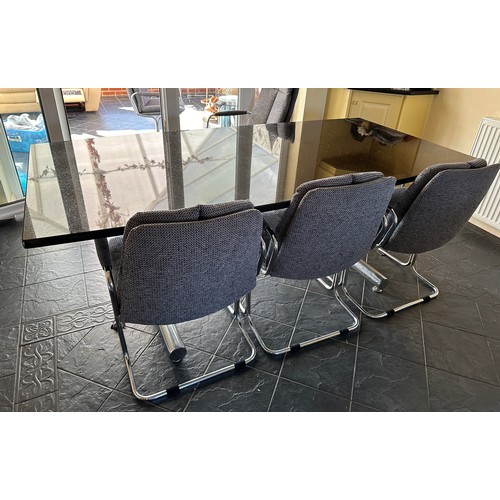 26 - A set of eight Pieff chrome and fabric dining chairs. Two with higher backs together with a matching... 