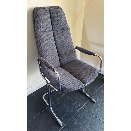 26 - A set of eight Pieff chrome and fabric dining chairs. Two with higher backs together with a matching... 