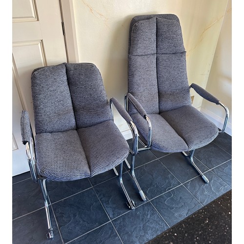 26 - A set of eight Pieff chrome and fabric dining chairs. Two with higher backs together with a matching... 