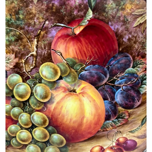 350 - A framed hand painted porcelain curved plaque depicting various fruit, gapes, apples, cherries and p... 