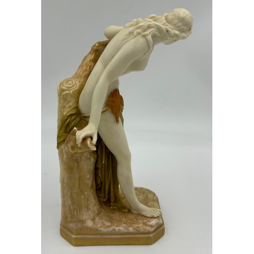 354 - A Royal Worcester figure, The Bather Surprised, green and gilt robe pattern no. 486, date mark for 1... 