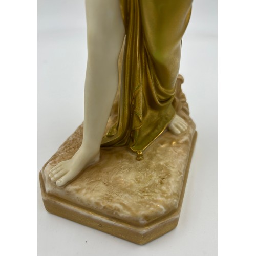 354 - A Royal Worcester figure, The Bather Surprised, green and gilt robe pattern no. 486, date mark for 1... 