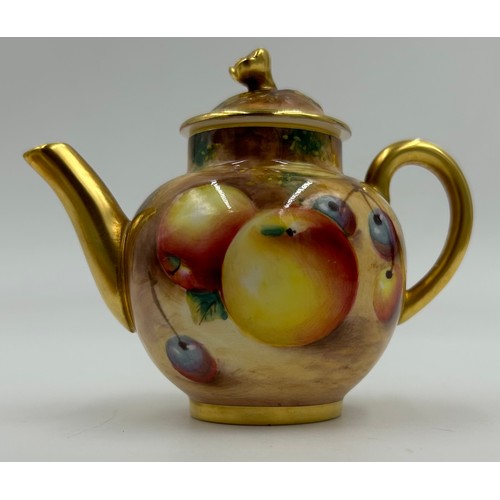 358 - A Royal Worcester fruit-decorated three-piece miniature tea set, teapot by Roberts 8cm, jug by P. Pl... 