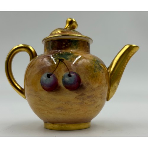 358 - A Royal Worcester fruit-decorated three-piece miniature tea set, teapot by Roberts 8cm, jug by P. Pl... 